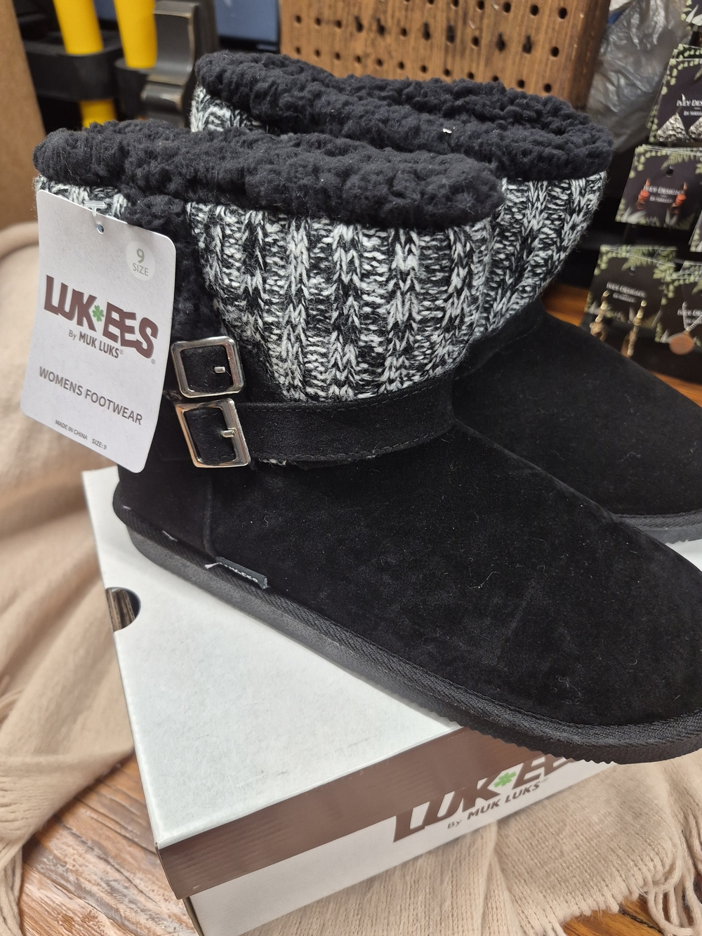 Muk Luks Black Knit-Cuff Ankle Boots with Buckles